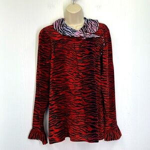 Kenzo & H&M - NWT 100 Percent Silk Red Tiger Print Long Sleeve Ruffle Blouse 6